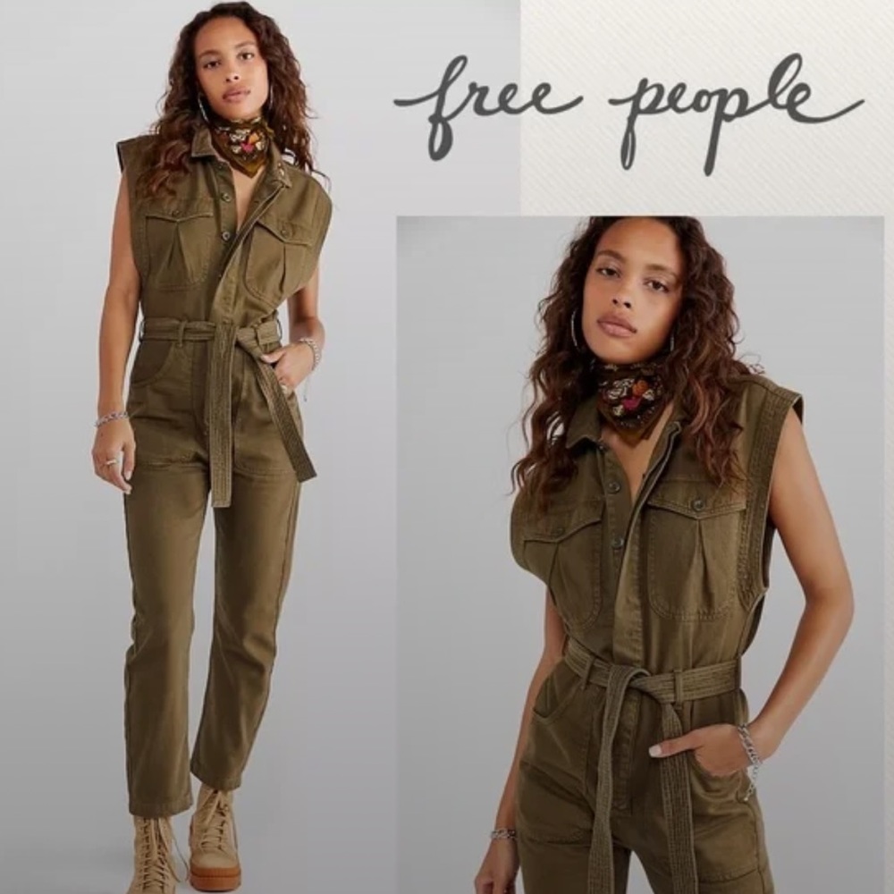NWOT Free People Sydney Denim Coveralls in Green Sleeveless Coveralls Z211-0
